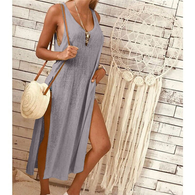 

Womens V-Neck Side Slit Loose Sleeveless Solid Midi Dress