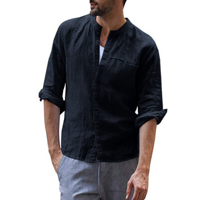 

Toponeto Mens Vintage Casual Pure Color Cotton Linen Long Sleeve Shirts Top Blouse