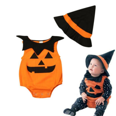 

Toddler Baby Boy Girl Pumpkin Romper BodysuitHat Clothes 2Pcs Outfits Set 0-18M