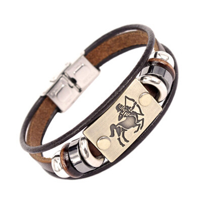 

Fashion 12 Constellation Signs Bracelet with Stainless Steel Clasp Leather Bracelet