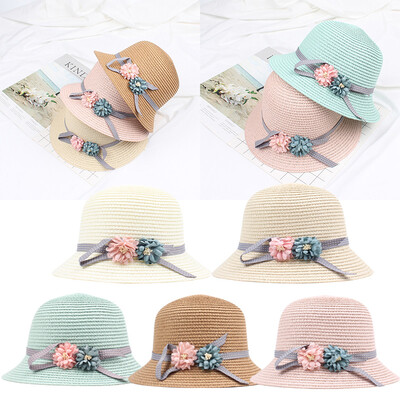 

Kids Girl Summer Sun Straw Hat Flower Adjustable Dome Panama Beach Holiday Cap