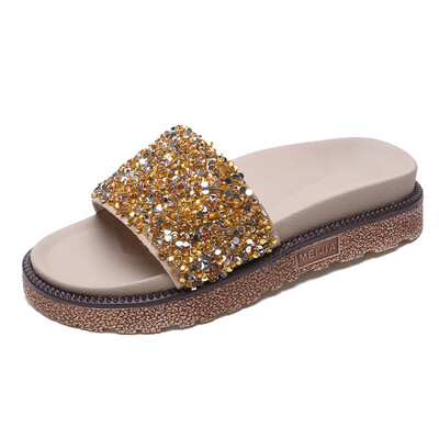 

Slippers Female Summer Fashion Outside wearing Korean Edition Water Diamond Sequins One Word Slippers Muffin Cake Thick Base Beach