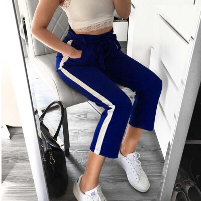 

Tailored Women High Waist Pure Color Stripe Bandage Elastic Waist Casual Pants