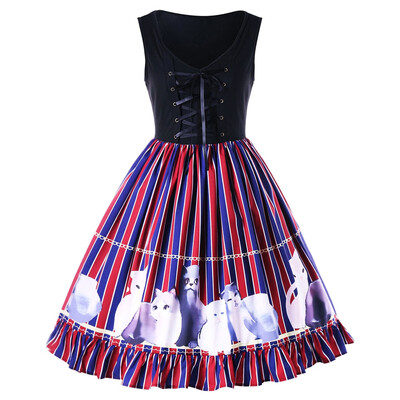 

Kitten Striped Flounced Swing Dress