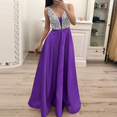 

〖Follure〗Women Fashion Sequin Dresses Sleeveless V-neck Long Evening Party Dress