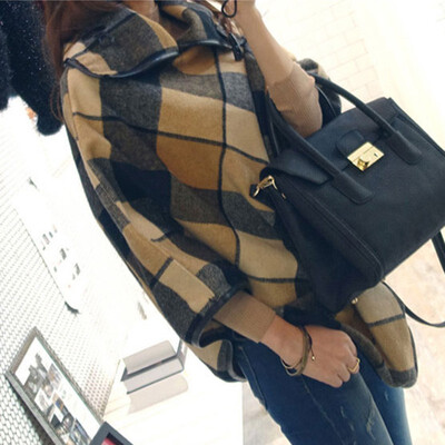 

Autumn Winter Women Loose Sweater Plaid Turtleneck Three Quarter Sleeve Long Sweater Women Winter Clothing
