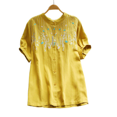 

Starmoon Women Vintage Embroidery Casual Button Short Sleeve Linen Top T-Shirt Blouse