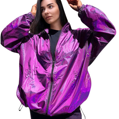

Toponeto Womens Casual Solid Color Glossy Loose Zip Splice Cardigan Jacket Coat