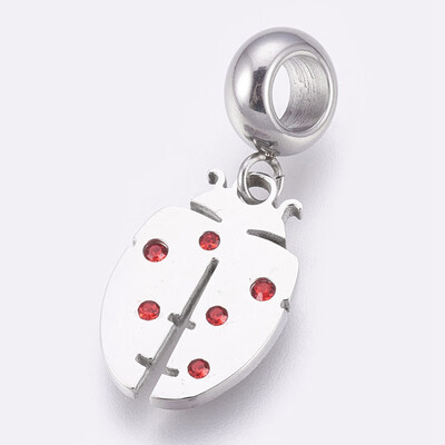 

304 Stainless Steel European Dangle Beads Large Hole Pendants with Rhinestone Ladybug Stainless Steel Color Light Siam