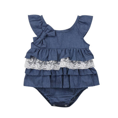 

Spring Summer Newborn Kids Baby Girls Denim Blue Bow Romper Lace Tutu Bodysuit Dress Clothes Outfit 0-3Y