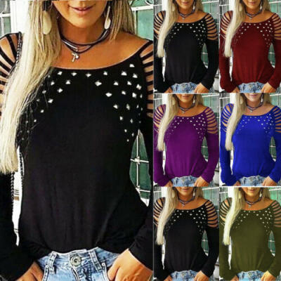 

Womens Hollow Long Sleeve Loose T-Shirt Ladies Summer Casual Blouse Tops Tee