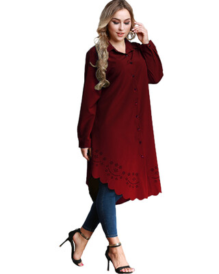 

Women Plus Size Shirt Dress Burning Flowers Hollow Out Irregular Hem Belted Casual Tunic Long Blouse Top