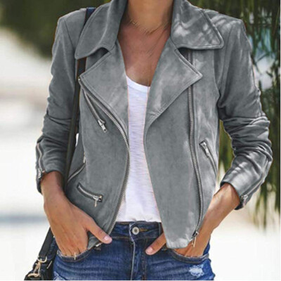 

Womens Coats Lapel Zipper Short Jacket Casual Winter Autumn Tops Biker Outwear