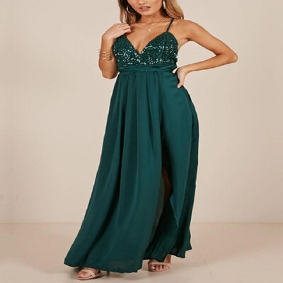 

Solid Spaghetti Strap Cross Backless Sequins V-neck Full-length Bustier Slit Dress
