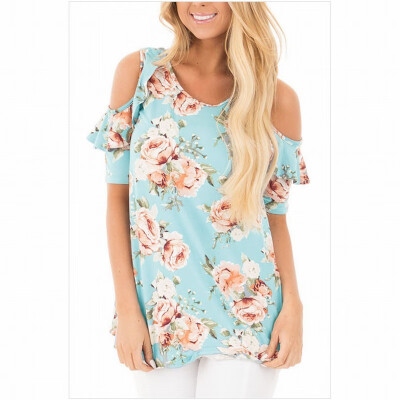 

Round neck short-sleeved printed ruffled straight casual T-shirt top