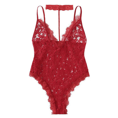 

Toponeto Women Eyelash Floral Lace Teddy Bodysuit With Choker Jumpsuit Backless Lingerie