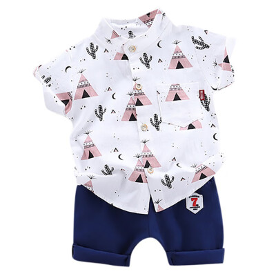 

Summer Baby Boys Casual Short Sleeve Floral Pattern shirt TopsDenim Shorts Set