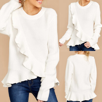 

〖Follure〗Women Ruffles Office O-Neck Lady Knitted Long Sleeve Pullover Solid Sweater