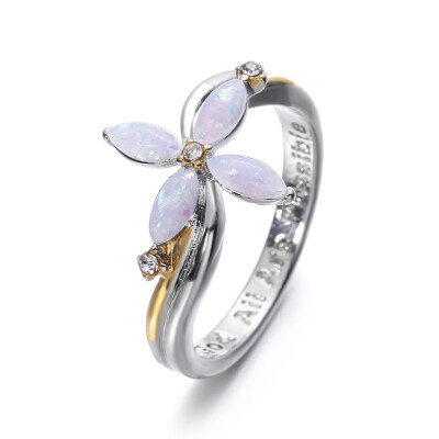 

"With God All Things Are Possible" Two Tone Diamond Cross Flower Ring Women