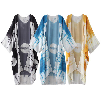 

New Women Chiffon Kimono Cardigan Beach Cover Up Contrast Print Long Loose Casual Blouse Top WhiteBlueYellow