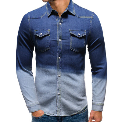 

Tailored Men Casual Contrast Color Panel Button Down Denim Shirt With Pockets Top Blouse