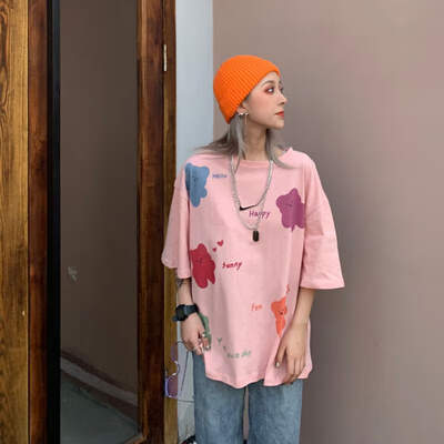

Women Kawaii T-shirt Short Sleeve Loose Korean Style T-shirt Summer Short Sleeve Girls Oversize Tee