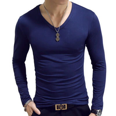 

Casual Mens Solid Color Slim Long Sleeve T Shirt V Neck Tight Bottoming Shirt For Men