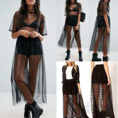 

Women See Through Gauze Mesh Midi Dress Sheer Maxi Dress Tulle Lace Long Skirt