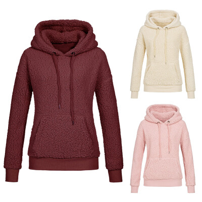 

Fluffy Women Hooded Top Sweatshirt Solid Color Long Sleeve Casual Pocket Hoodies