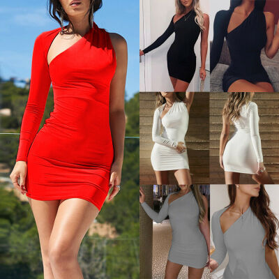 

Women One Shoulder Bodycon Long Sleeve Evening Party Cocktail Club Mini Dress