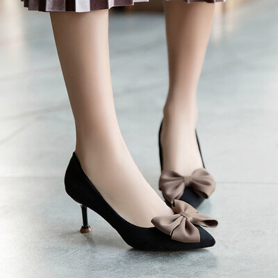 

Rose Womens Sexy Bow Pumps Pointed Toe Falt Shallow Non-Slip Thick High Heels Shoes