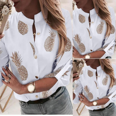 

2019 Autumn New White Casual Button Down Shirts for Women Three Quarter Sleeve Tops Pineapple Printed Blouse -XL