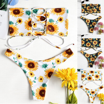 

Roseonmyhand Women Sexy Sunflower Print Swimsuit Bikini Bathing Bra Beachwear Two Piece Suit