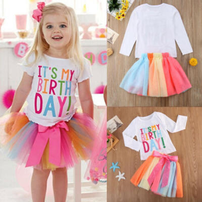 

Baby Girls Kid Toddler T-shirtRainbow tutu Skirt Dress Outfit Birthday Clothes