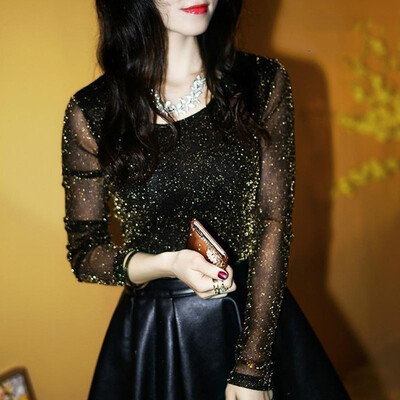

Nomeni Women Sexy Hollow Out Mesh Blouse Long Sleeve Shining Elegant Shirt Tops