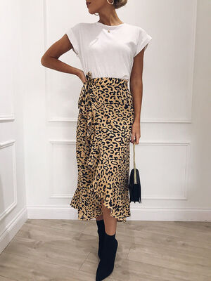 

Women Leopard Print Wrap Over Aysmmetric Loose Skirt High Waist Midi Dress