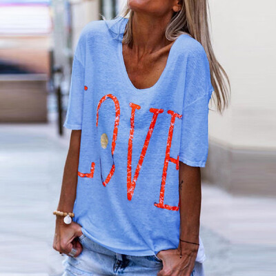 

Starmoon Womens Casual Love Letter Print Short Sleeve Shirt Ladies Casual Blouse Tops