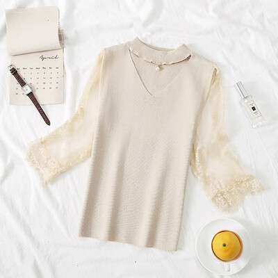 

Women V-Neck Hollow Beaded Knitted Slim Lace Stitching Thin Solid Color Long-Sleeve Casual Tops
