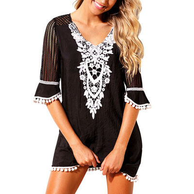 

Womens V Neck Chiffon Lace Stitching Beach Cover Up Dress