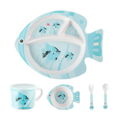 

5pcs Baby Feeding Tableware Set Bamboo Fiber Plate Bowl Fork Spoon Cup