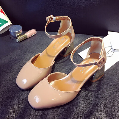 

Chun Fangtou thick-heeled single-shoe fairy bare pink hollow sandals with one-word buckle&middle-heeled high-heeled shoes