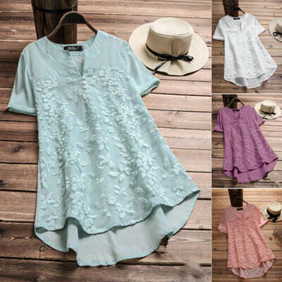 

Womens Blouse Lace Floral Loose Long Sleeve Casual T Shirt Tops Cotton Linen US