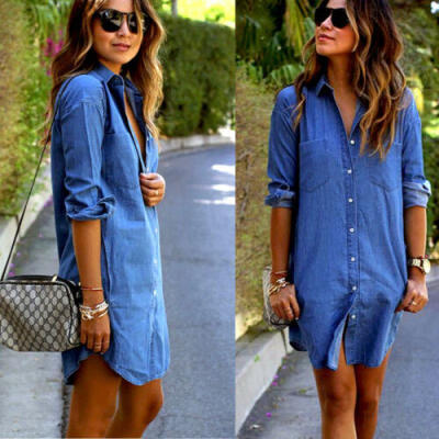 

Women Denim Dress Long Sleeve Casual Blouse Long Tops Shirt Short Mini Dress