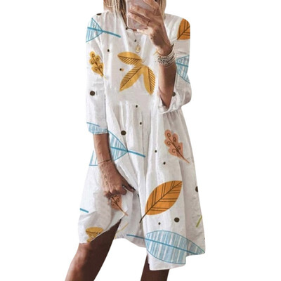 

Women Autumn Casual Chiffon Seven-point Sleeve Round Neck Loose Casual Print High Waist Ethnic Style Simple Dress