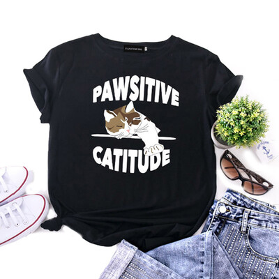 

New Fashion Women Funny Lazy Cat Print T Shirt O Neck Short Sleeve Cartoon Cats Printed Tops Casual Tees