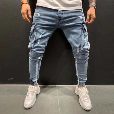 

Gobestart Mens Fashion Denim Hole Trouser Distressed Jeans Long Pencil Pants Streetwear