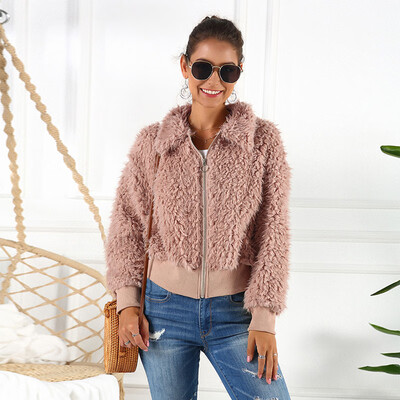 

Winter Warm Women Short Jacket Coat Lapel Long Sleeve Zipper Outwear Plus Size