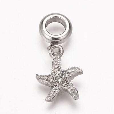 

304 Stainless Steel European Dangle Beads Large Hole Pendants with Rhinestone Starfish Antique Silver 25mm