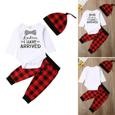 

Xmas Toddler Baby Girl Christmas Romper Check Plaid Pant Outfit Clothes 3pcs