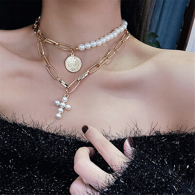 

2019 Fashion Gold Coin Jewelry Luxury Design Imitation Pearls Choker Necklace Female Cross Pendant Necklaces for Women